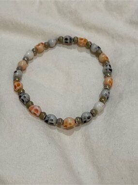 Handcrafted Orange & Gray Skull Bead Stretch Bracelet
